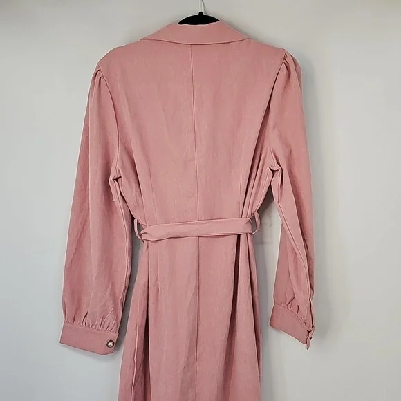 Elegant Salmon Pink Corduroy Double Breast Puff Sleeved Mermaid‎ Hem Dress - Picture 11 of 14